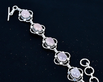 Oval-shaped Rose Quartz Sterling Silver Link Bracelet Jewelry For Her/him | Christmas Gift