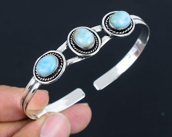 925 Sterling Silver Adjustable Triple-stone Larimar Cuff Bracelet | Oval, Cabochon-cut Classic Bohemian Jewelry
