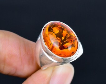 バルト海産琥珀スターリングシルバーメンズリング：オーバル