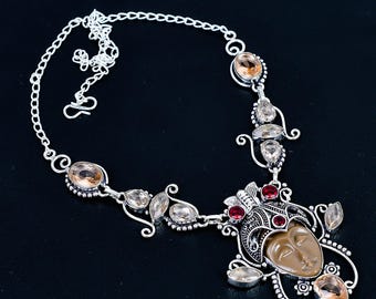 Carved Goddess Face 925 Sterling Silver Multi Gemstone Statement Necklace  Jewelry For Women & Girls