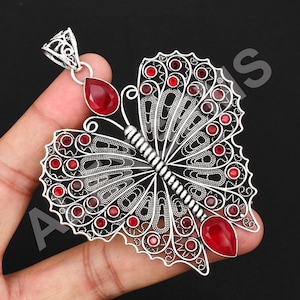 Ruby Butterfly Pendant: 925 Sterling Silver Filigree Necklace