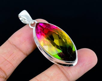 Multicolor Bi-Color Tourmaline Sterling Silver Marquise-cut Gemstone Pendant | Bezel Setting Birthstone Jewelry
