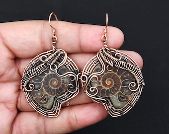 Ammonite Fossil Copper Wire Wrapped Dangle Earrings
