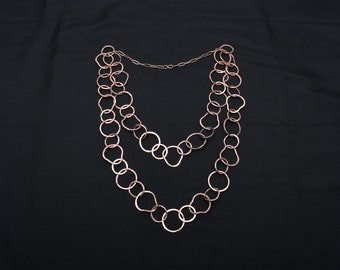 Hammered Pure Copper long chain necklace with small and large Circle Oval links, minimalist jewelry Gift for Valentine's Day