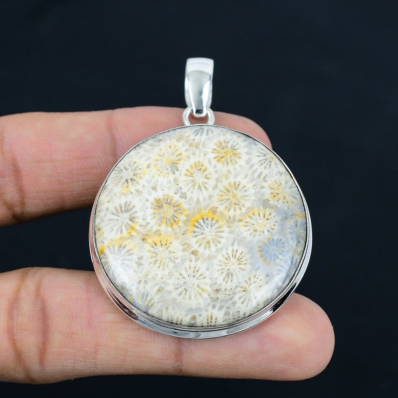 Natural Fossil Coral Gemstone Pendant, 925 Sterling Silver, Pendant Jewelry, Handmade Silver Pendant Jewelry for Gift, Easter Gift image 3