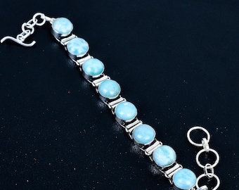 Sky Blue Larimar Gemstone 925 Sterling Silver Link Bracelet For Her/him | Christmas Gift