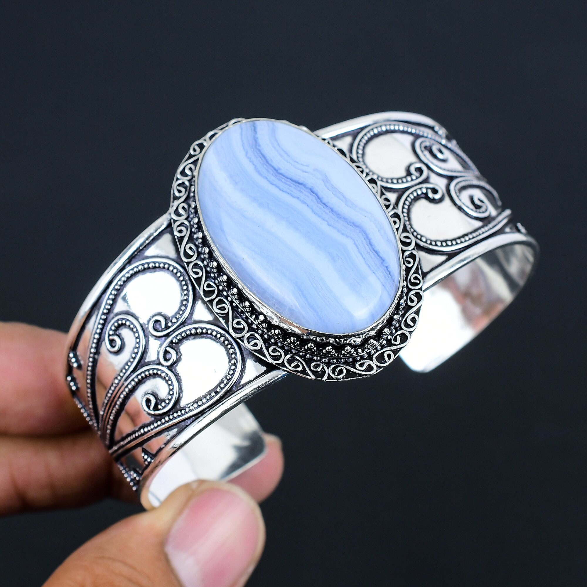Bracelet Vintage En Argent Sterling Avec Grande Agate - Bangle Argenté - Origine France