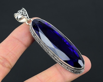 Multifaceted Dark Blue Tanzanite Pendant 925 Sterling Silver Long Oval-shaped Gemstone Jewelry