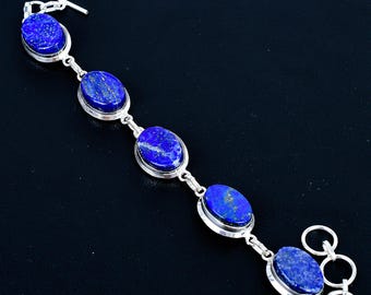 Oval-shaped Lapis Lazuli Gemstone 925 Sterling Silver Link Bracelet For Her/him | Christmas Gift