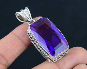 Purple Amethyst Gemstone: 925 Sterling Silver Rectangular Shape Pendant For Her/him