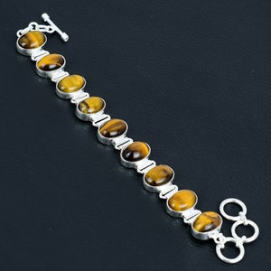 Tiger&#39;s Eye Gemstone Bracelet | 925 Sterling Silver | Adjustable Bracelet |  Chain Bracelet Jewelry for Gift