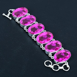Beautiful Pink Topaz Gemstone Bracelet | 925 Sterling Silver | Oval Shape Gemstone | Adjustable Bracelet | Silver Bracelet for Women & Girls