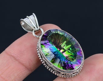 Faceted Mystic Topaz Gemstone : 925 Sterling Silver Pendant For Her/him