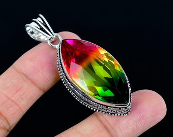Marquise Bi-Color Tourmaline Sterling Silver Multicolor Gemstone Bezel Setting Pendant Jewelry
