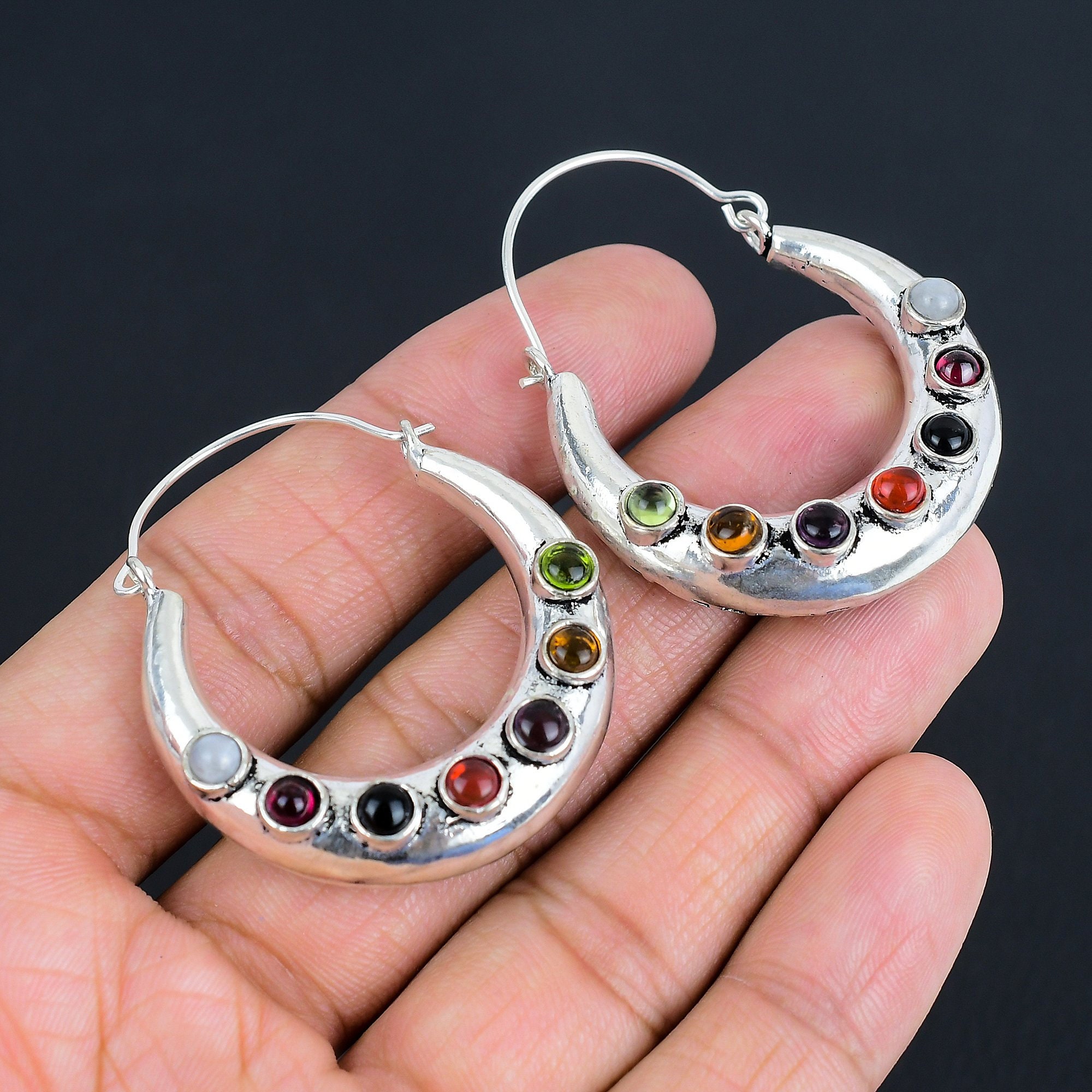 Half Moon Seven Chakra Gemstone Earrings | 925 Sterling Silver | Mediation Chakra Earrings | Silver Earrings for Women & Girls