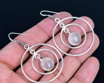 Rose Quartz Gemstone 925 Sterling Silver Multi-circle Dangle Earrings Jewelry For Her