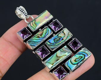Abalone Shell & Amethyst Pendant: 925 Sterling Silver Jewelry For Her/him