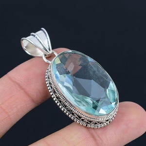 Aquamarine Oval Shape Gemstone : 925 Sterling Silver Pendant Jewelry For Her/him