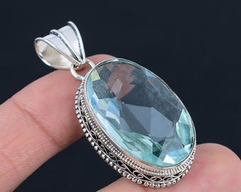 Aquamarine Oval Shape Gemstone : 925 Sterling Silver Pendant Jewelry For Her/him