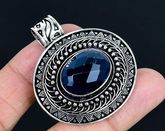Oval Dark Blue Sapphire Gemstone Sterling Silver Textured Filigree Pendant Jewelry For Birthday Gift