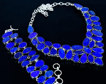 Lapis Lazuli Gemstone 925 Sterling Silver Necklace Jewelry Set For Women & Girls