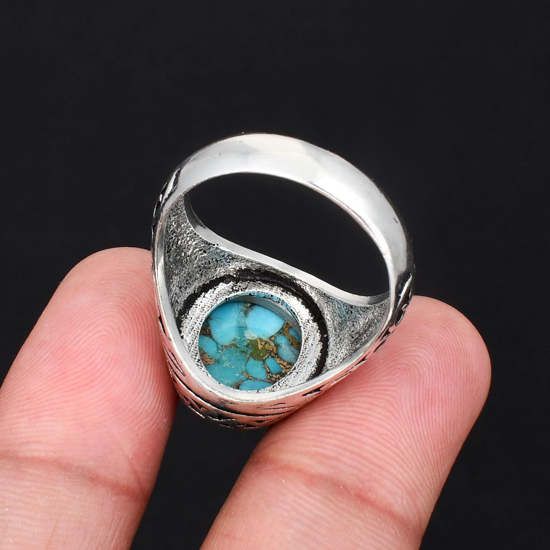 Bague Homme Argent 925 Sertie Turquoise Naturelle Bleue - Style Vintage Art Déco, Taille 8.5