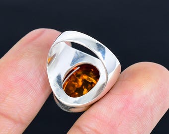 バルト海産琥珀スターリングシルバーメンズリング：オーバル