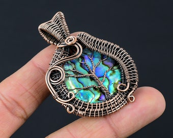 Tree of Life Abalone Shell Gemstone Copper Pendant, Oxidized Wire Wrapped Pendant, Handmade Wrapped Pendant Jewelry For Valentine's Day