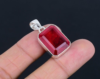 Faceted Ruby Gemstone Silver Pendant | 925 Sterling Silver | Square Shape Gemstone |  Silver Pendant Jewelry Gift for her/him
