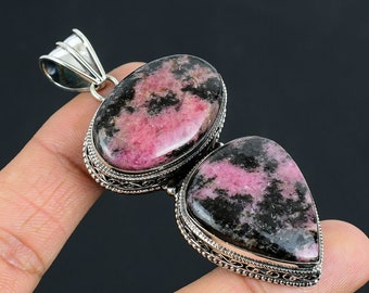 Rhodonite Sterling Silver Classic Double Oval-Pear Cabochon Gemstone Pendant | Bohemian Style Jewelry