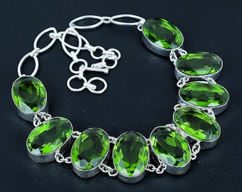 Peridot Necklace: Oval Gemstone, 925 Sterling Silver, Long Chain