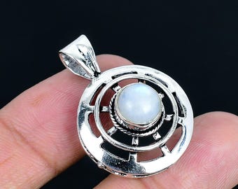 Rainbow Moonstone Sterling Silver Round Cabochon Pendant | Geometric Silhouette Wheel Design Jewelry