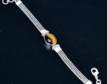 Tiger's Eye Gemstone Multi-strand 925 Sterling Silver Woven Braid Bracelet Jewelry For Her/him