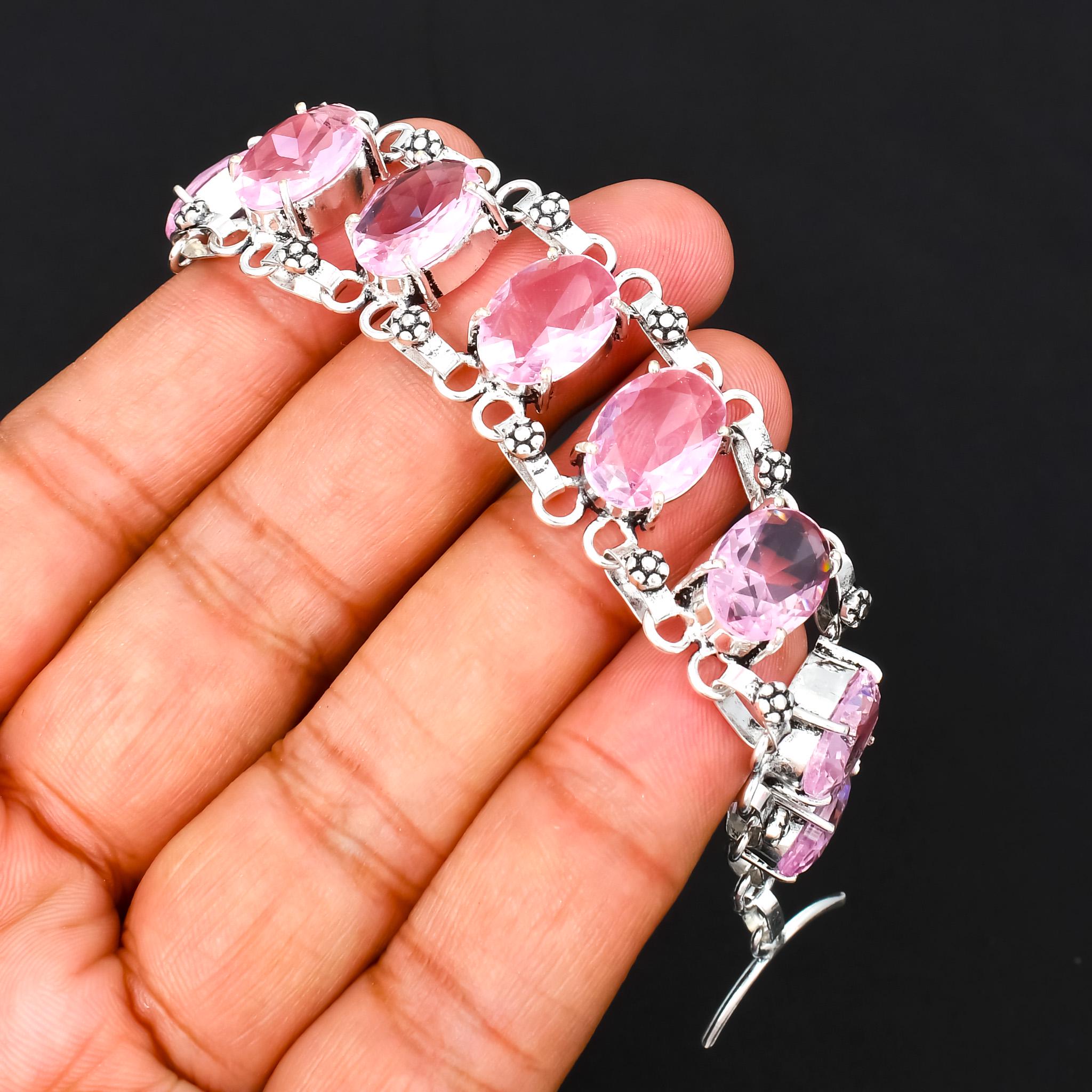 ピンクトパーズブレスレット：オーバルジェムストーン、925