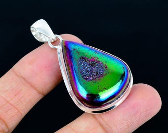Teardrop-shaped Titanium Aura Druzy 925 Sterling Silver Gemstone Pendant Bezel Setting Jewelry