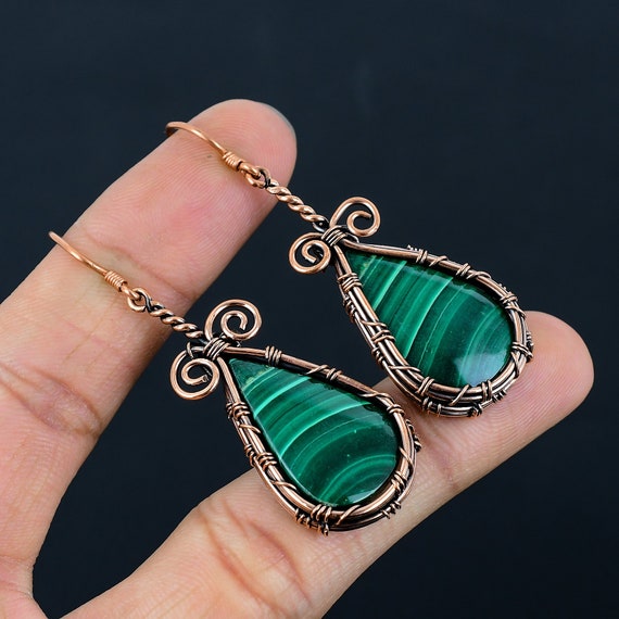 Malachite Gemstone Copper Wire Wrapped Earrings : Copper Jewelry for Women & Girls
