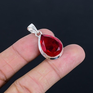 Faceted Ruby Gemstone Silver Pendant | 925 Sterling Silver | Pear Shape Gemstone |  Silver Pendant Jewelry Gift for her/him