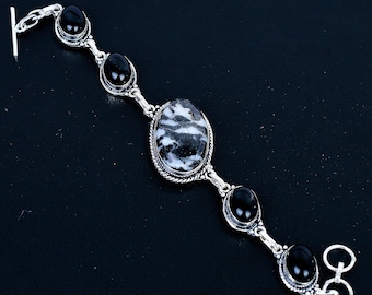 Buffalo Turquoise & Black Onyx Gemstone 925 Sterling Silver Link Bracelet Jewelry For Her/him