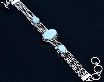 Light-blue Larimar Gemstone Multi-strand 925 Sterling Silver Woven Braid Bracelet Jewelry For Her/him