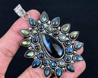 Blue Fire Labradorite Sterling Silver Gemstone Huge Necklace Pendant Boho Jewelry for Her/him