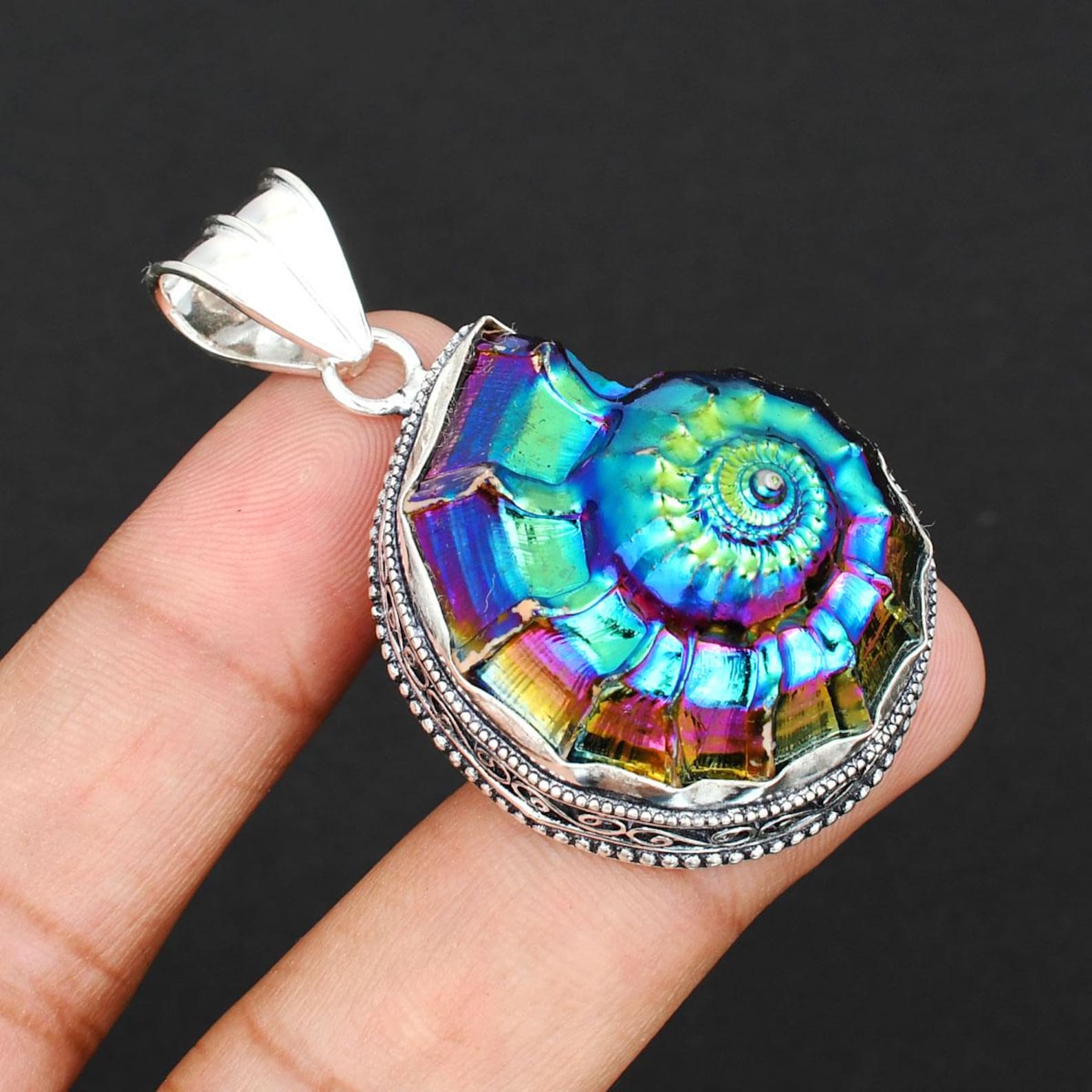 Ammolite Fossil 925 Sterling Silver Multicolor Gemstone Necklace Pendant For Her/him