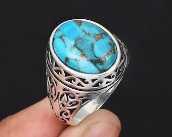 Bague pour homme en argent, cuivre, turquoise, bleu | Argent sterling 925 | Bague de style arabe ottoman | forme ovale | Cadeau bague en argent pour homme