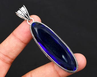 Tanzanite Gemstone Pendant 925 Sterling Silver Long Elongated Oval Beaded Border Bezel Setting Jewelry