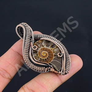 May include: A pendant featuring a spiral-shaped brown ammonite fossil encased in intricate, hand-woven copper wire. The wirework forms a decorative frame around the fossil, extending into a looped bail at the top for hanging the piece.
