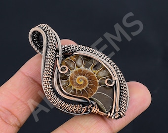 Oxidized Copper Wire Wrapped Ammonite Fossil Pendant Necklace