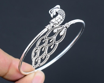 Sterling Silver Peacock Bangle: Adjustable Animal Cuff