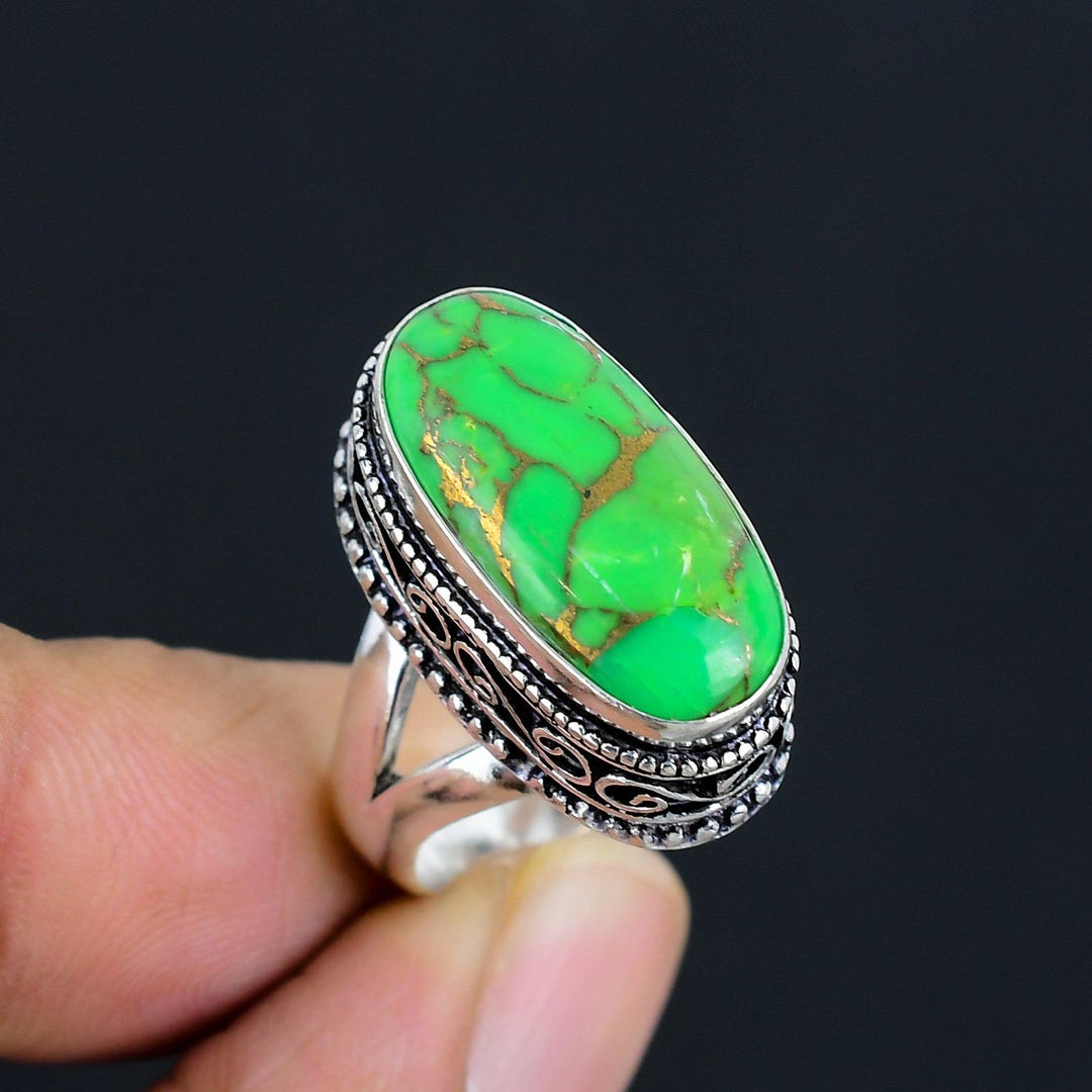グリーンコッパーターコイズリング：925スターリングシルバー