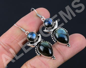 Half Moon Labradorite Earrings: 925 Sterling Silver Dangle Drop