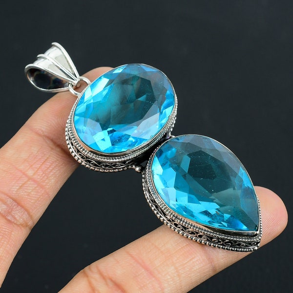 Natural Faceted Blue Topaz Gemstone Pendant | 925 Sterling Silver | Antique Pendant | Handmade Vintage Pendant Jewelry Gift for her/him