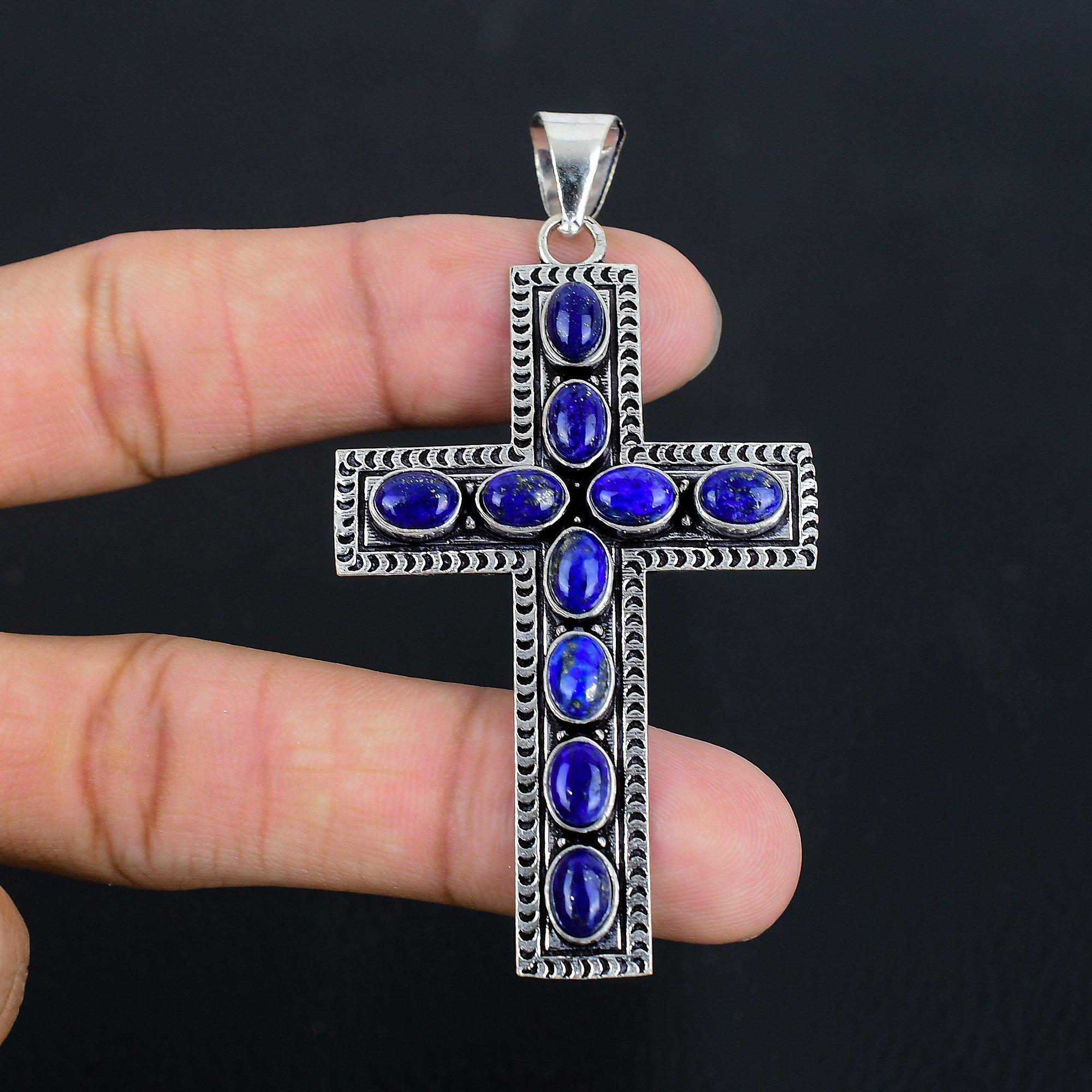 Ciondolo a croce in argento sterling, corallo naturale, turchese, lapislazzuli - Italia